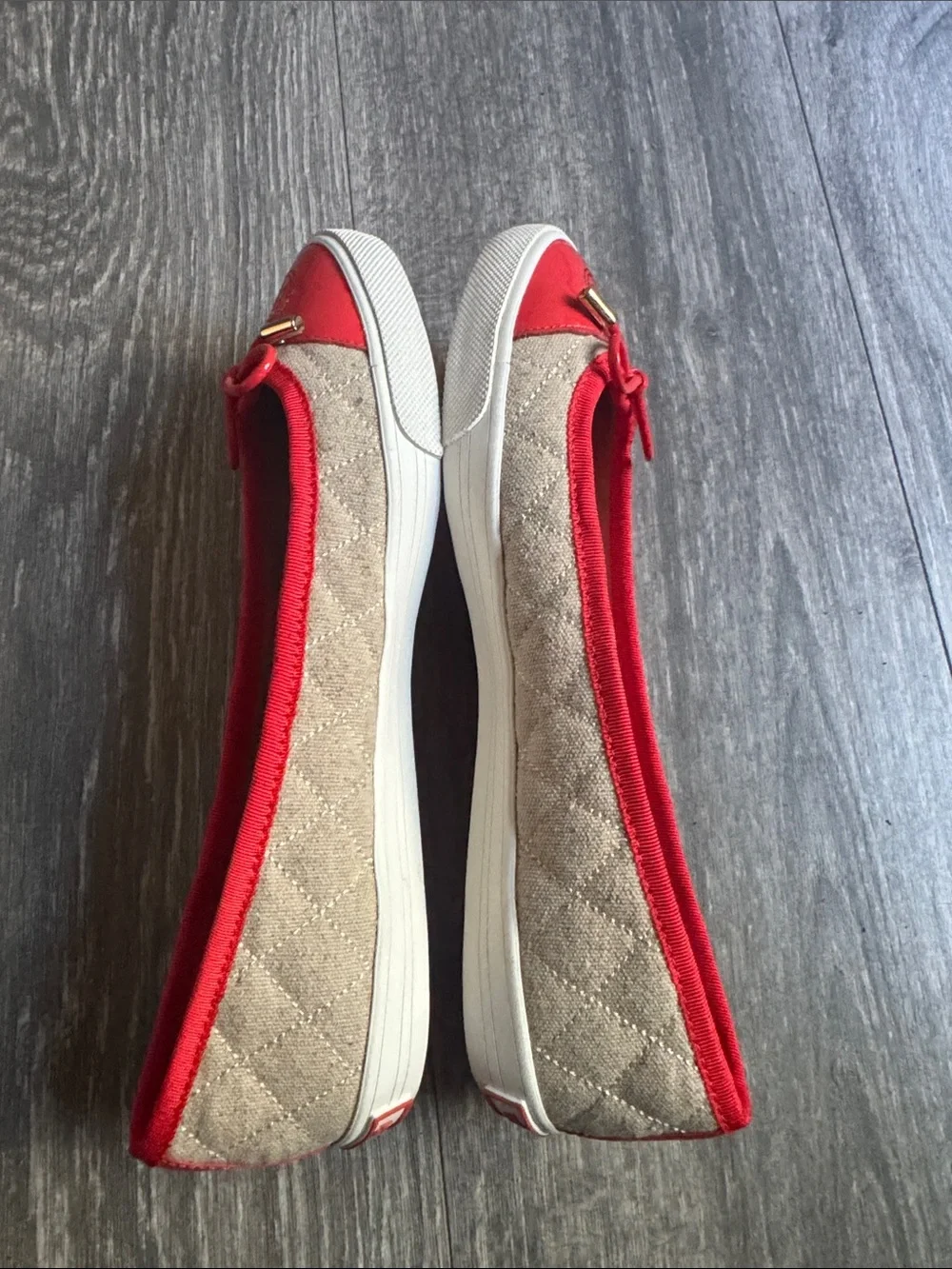 Tory Burch Canvas Ballet Flat with Red Patent Toe